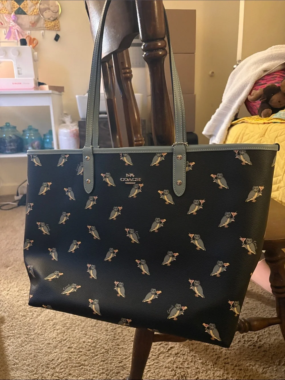 Coach Navy Leather Tote with Owl Print and Light Blue Trim